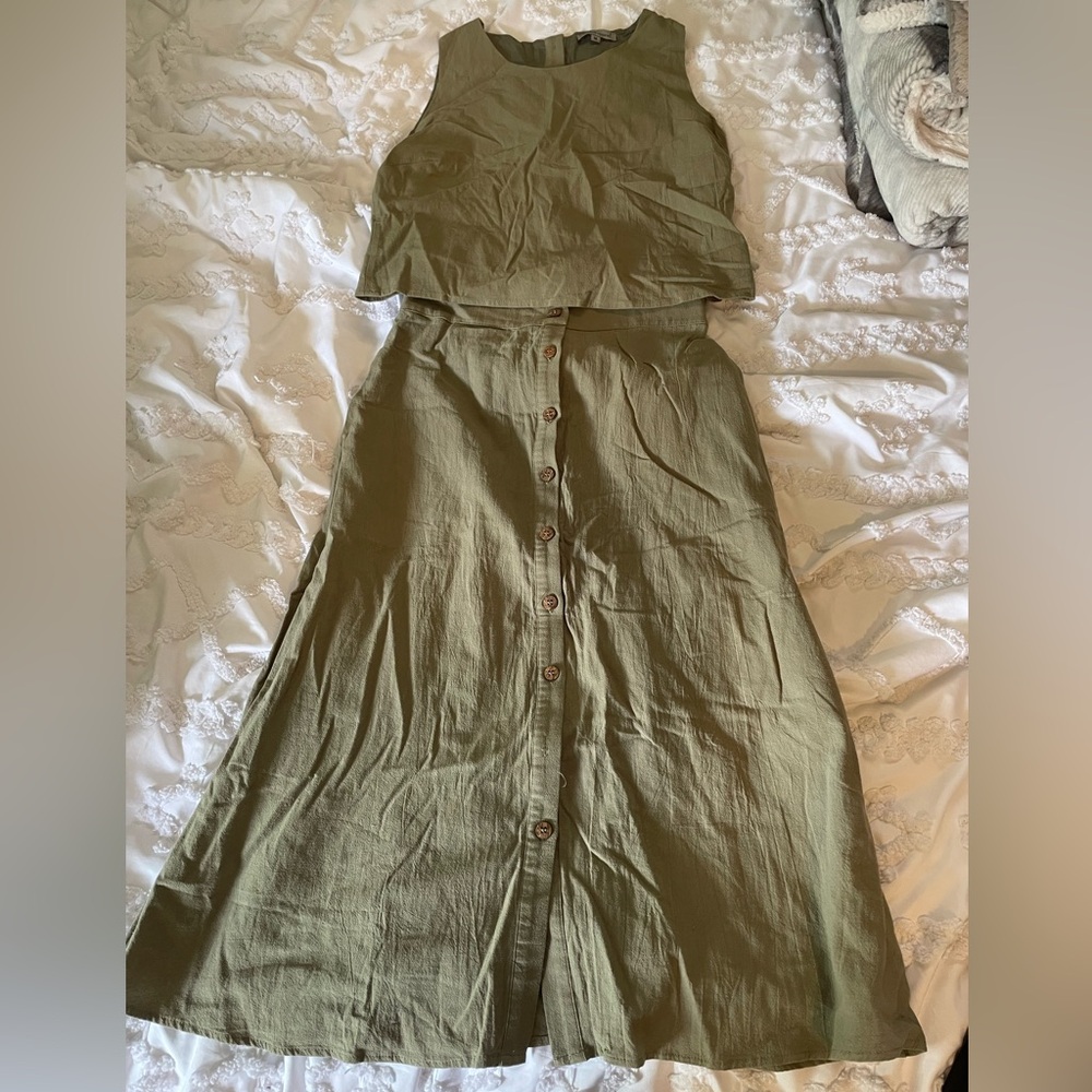 Olive Green Sleeveless Top and Button-Down Skirt Set